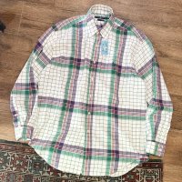 ビンテージ【POLO RALPH LAUREN】ラルフローレン 紫ｘ緑ｘ白 チェック【コットンBDシャツ】サイズＭ 