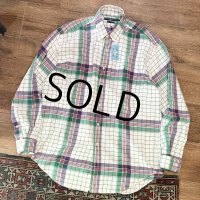 ビンテージ【POLO RALPH LAUREN】ラルフローレン 紫ｘ緑ｘ白 チェック【コットンBDシャツ】サイズＭ 