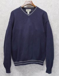 90’s~【ビンテージ】【エディーバウアー】【ネイビー×グレーライン】【Vネック】【コットンセーター】【サイズL】 