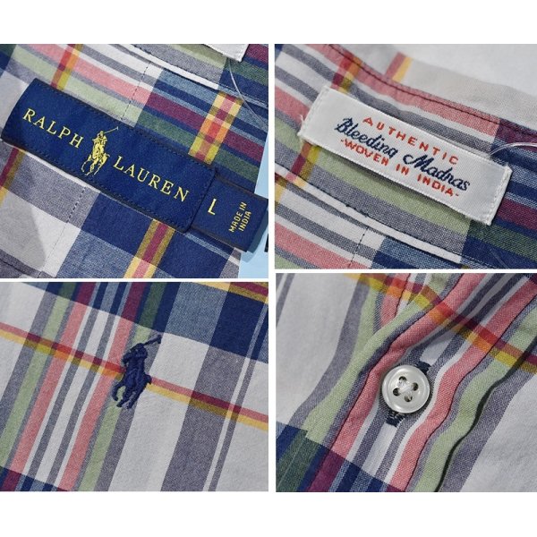 画像2: POLO RALPH LAUREN【ラルフローレン】ビンテージ【白ｘ青ｘ黄】【インディアンマドラスチェック】【ボタンダウン半袖シャツ】【サイズL】  