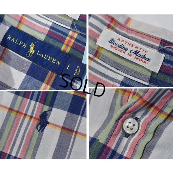 画像2: POLO RALPH LAUREN【ラルフローレン】ビンテージ【白ｘ青ｘ黄】【インディアンマドラスチェック】【ボタンダウン半袖シャツ】【サイズL】  