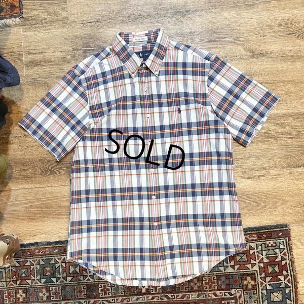 画像1: POLO RALPH LAUREN【ラルフローレン】ビンテージ【白ｘ青ｘ黄】【インディアンマドラスチェック】【ボタンダウン半袖シャツ】【サイズL】  