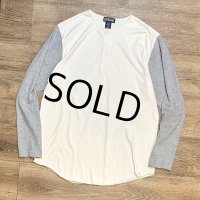 【ビンテージ】【ランズエンド】【LANDS' END】【白ｘグレー】【ヘンリーネック】ベースボールＴシャツ【サイズＭ】 