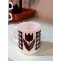 【ビンテージ】【ミルクガラス】【チューリップ×チェック柄】【マグカップ】【オールドミルクガラス】 