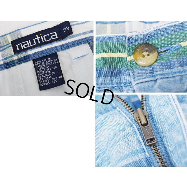 画像2: ~80's 【nautica】ノーティカ【水色×緑チェック】２タック【ショートパンツ】【短パン】【コットンショーツ】【ｗ33】 