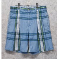 ~80's 【nautica】ノーティカ【水色×緑チェック】２タック【ショートパンツ】【短パン】【コットンショーツ】【ｗ33】 