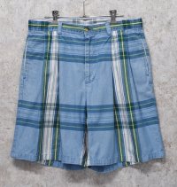 ~80's 【nautica】ノーティカ【水色×緑チェック】２タック【ショートパンツ】【短パン】【コットンショーツ】【ｗ33】 