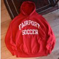 【80's】【USA製】【ビンテージ】【チャンピオン】【Champion】FAIR PORT SOCCER　バックプリント【トリコタグ】【赤】【リバースウィーブパーカー】【サイズXL】 