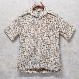 【ビンテージ】【Go Ba Re FooT】【生成り×茶色】総柄【プルオーバー】【ハワイアンシャツ】半袖シャツ【サイズＳ】 