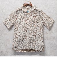 【ビンテージ】【Go Ba Re FooT】【生成り×茶色】総柄【プルオーバー】【ハワイアンシャツ】半袖シャツ【サイズＳ】 