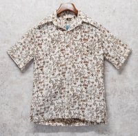 【ビンテージ】【Go Ba Re FooT】【生成り×茶色】総柄【プルオーバー】【ハワイアンシャツ】半袖シャツ【サイズＳ】 