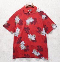 90's【CHAPS】チャップス【ラルフローレン】POLO RALPH LAUREN 【赤】【ハイビスカス柄】【ポロシャツ】【サイズＬ】  