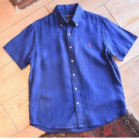 ビンテージ【ラルフローレン】【classic fit】【紺】【リネン】半袖【ボタンダウンシャツ】【サイズM】 