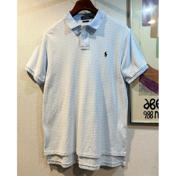 画像1: POLO ralph lauren【ラルフローレン】ビンテージ【カスタムフィット】【白ｘ水色】【ボーダー柄】【ポロシャツ】【サイズL】 