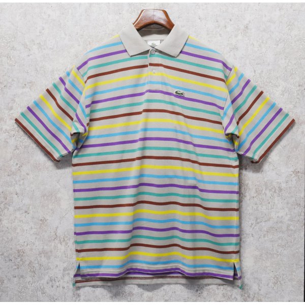 画像1: 【ラコステ】【LACOSTE】【ベージュ×黄色×水色×紫×緑×茶】ボーダー【ポロシャツ】【サイズ6】 