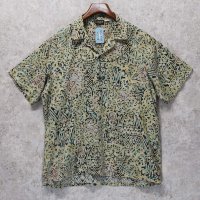ビンテージ 【Edwards casual wear】エドワーズ【ベージュ×緑×エンジ】幾何学模様【半袖シャツ】オープンカラーシャツ【サイズL】 