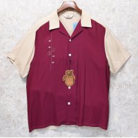 デッドストック【ビンテージ】【USA製】【Da Vinci】【ベージュ×エンジ】ツートン【レーヨンシャツ】【ボーリングシャツ】【サイズＬ】 