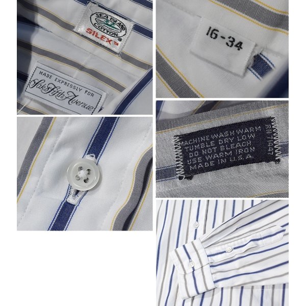 画像2: USA製【ビンテージ】【Saks Fifth Avenue】サックス・フィフス・アベニュー【白ｘ紺ｘグレー】【ワイドカラーコットンシャツ】【16-34】 
