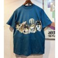 90's【USA製】【ビンテージ】【HABITAT】【オオカミ×月夜イラスト】【セルリアンブルー】【Tシャツ】【サイズL】 