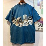 90's【USA製】【ビンテージ】【HABITAT】【オオカミ×月夜イラスト】【セルリアンブルー】【Tシャツ】【サイズL】 