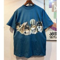 90's【USA製】【ビンテージ】【HABITAT】【オオカミ×月夜イラスト】【セルリアンブルー】【Tシャツ】【サイズL】 