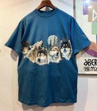 90's【USA製】【ビンテージ】【HABITAT】【オオカミ×月夜イラスト】【セルリアンブルー】【Tシャツ】【サイズL】 