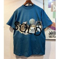 90's【USA製】【ビンテージ】【HABITAT】【オオカミ×月夜イラスト】【セルリアンブルー】【Tシャツ】【サイズL】 