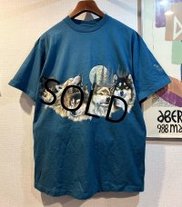 90's【USA製】【ビンテージ】【HABITAT】【オオカミ×月夜イラスト】【セルリアンブルー】【Tシャツ】【サイズL】 