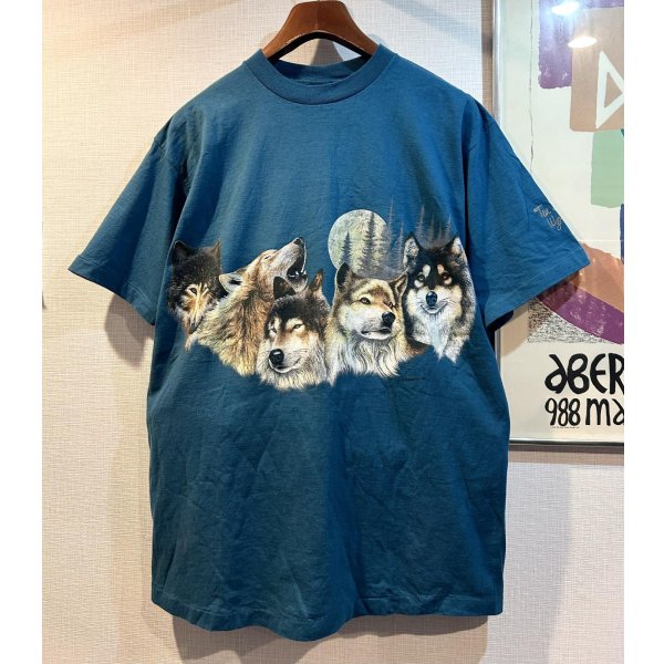 画像1: 90's【USA製】【ビンテージ】【HABITAT】【オオカミ×月夜イラスト】【セルリアンブルー】【Tシャツ】【サイズL】 