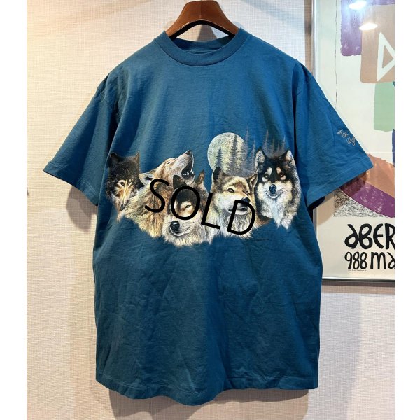 画像1: 90's【USA製】【ビンテージ】【HABITAT】【オオカミ×月夜イラスト】【セルリアンブルー】【Tシャツ】【サイズL】 