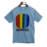 80's【USA製】【collegiate pacific MONIES】【ビンテージ】【水色×虹色】【Tシャツ】【サイズＭ】 