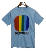 80's【USA製】【collegiate pacific MONIES】【ビンテージ】【水色×虹色】【Tシャツ】【サイズＭ】 