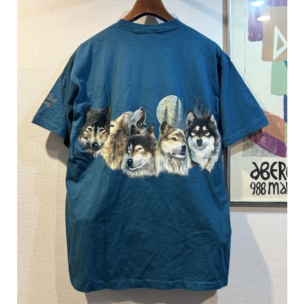 画像3: 90's【USA製】【ビンテージ】【HABITAT】【オオカミ×月夜イラスト】【セルリアンブルー】【Tシャツ】【サイズL】 