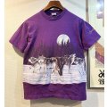 90's【USA製】【ビンテージ】【HABITAT】総柄【オオカミ×月夜イラスト】【紫】【Tシャツ】【サイズS】 