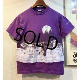 90's【USA製】【ビンテージ】【HABITAT】総柄【オオカミ×月夜イラスト】【紫】【Tシャツ】【サイズS】 