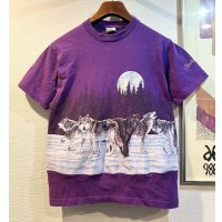 90's【USA製】【ビンテージ】【HABITAT】総柄【オオカミ×月夜イラスト】【紫】【Tシャツ】【サイズS】 