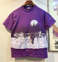 90's【USA製】【ビンテージ】【HABITAT】総柄【オオカミ×月夜イラスト】【紫】【Tシャツ】【サイズS】 