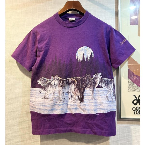 画像1: 90's【USA製】【ビンテージ】【HABITAT】総柄【オオカミ×月夜イラスト】【紫】【Tシャツ】【サイズS】 