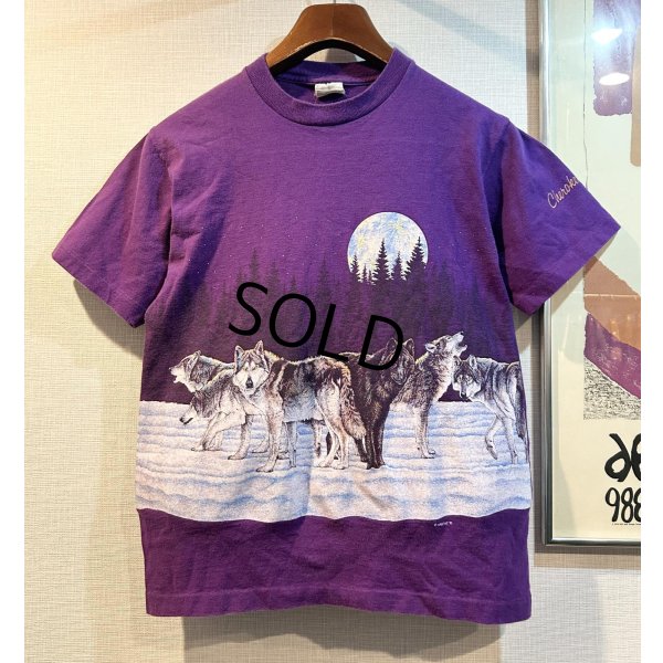 画像1: 90's【USA製】【ビンテージ】【HABITAT】総柄【オオカミ×月夜イラスト】【紫】【Tシャツ】【サイズS】 