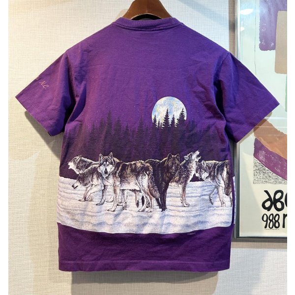 画像3: 90's【USA製】【ビンテージ】【HABITAT】総柄【オオカミ×月夜イラスト】【紫】【Tシャツ】【サイズS】 