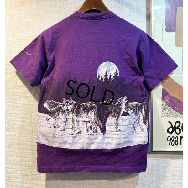 画像3: 90's【USA製】【ビンテージ】【HABITAT】総柄【オオカミ×月夜イラスト】【紫】【Tシャツ】【サイズS】 