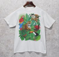90's【USA製】 ビンテージ【TSF】【ヒョウ、鳥、植物】イラスト【白】【 Tシャツ】【サイズＭ】 