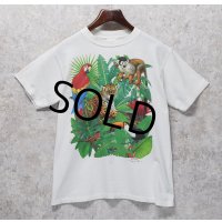 90's【USA製】 ビンテージ【TSF】【ヒョウ、鳥、植物】イラスト【白】【 Tシャツ】【サイズＭ】 