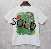 90's【USA製】 ビンテージ【TSF】【ヒョウ、鳥、植物】イラスト【白】【 Tシャツ】【サイズＭ】 