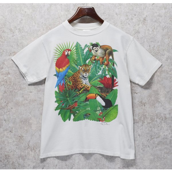 画像1: 90's【USA製】 ビンテージ【TSF】【ヒョウ、鳥、植物】イラスト【白】【 Tシャツ】【サイズＭ】 