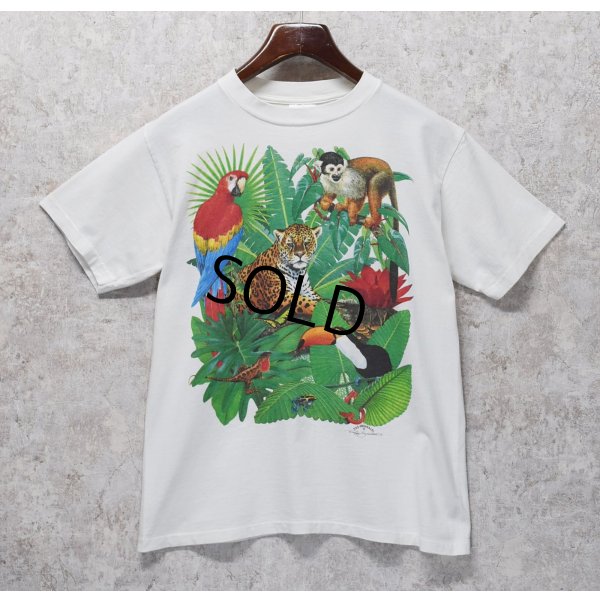 画像1: 90's【USA製】 ビンテージ【TSF】【ヒョウ、鳥、植物】イラスト【白】【 Tシャツ】【サイズＭ】 