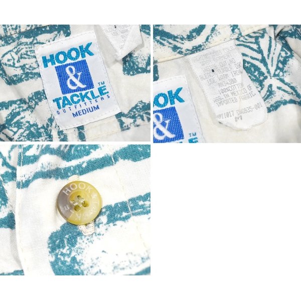画像2: 【ビンテージ】【HOOK&TACKLE】【生成り×緑】魚柄【BDシャツ】半袖シャツ【サイズＭ】 