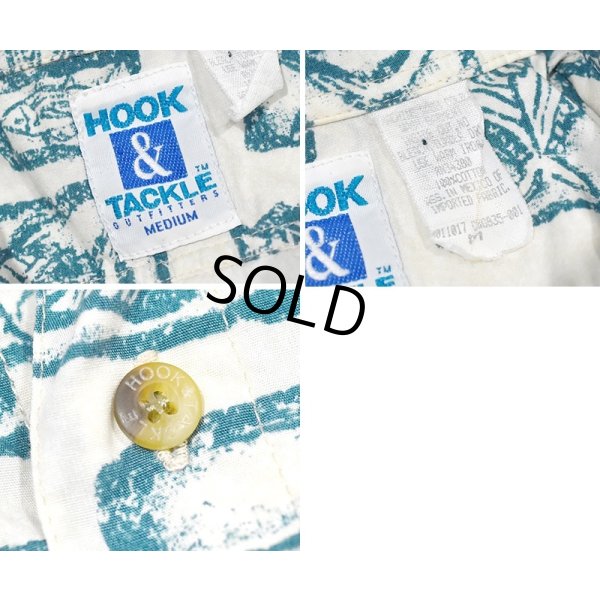 画像2: 【ビンテージ】【HOOK&TACKLE】【生成り×緑】魚柄【BDシャツ】半袖シャツ【サイズＭ】 
