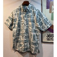 【ビンテージ】【HOOK&TACKLE】【生成り×緑】魚柄【BDシャツ】半袖シャツ【サイズＭ】 