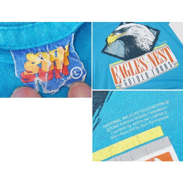 画像2: 【90's】【USA製】【ビンテージ】【SUN】【EAGLES NEST GUIDE TOURS】【鷹プリント】【水色】【Tシャツ】【サイズL】  
